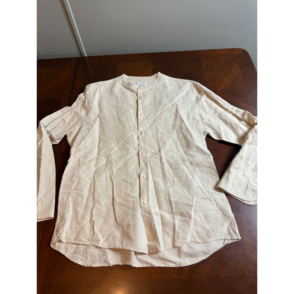 Zara Man Beige Linen Blend Mandarin Collar Long Sleeve Shirt XL Regular Fit